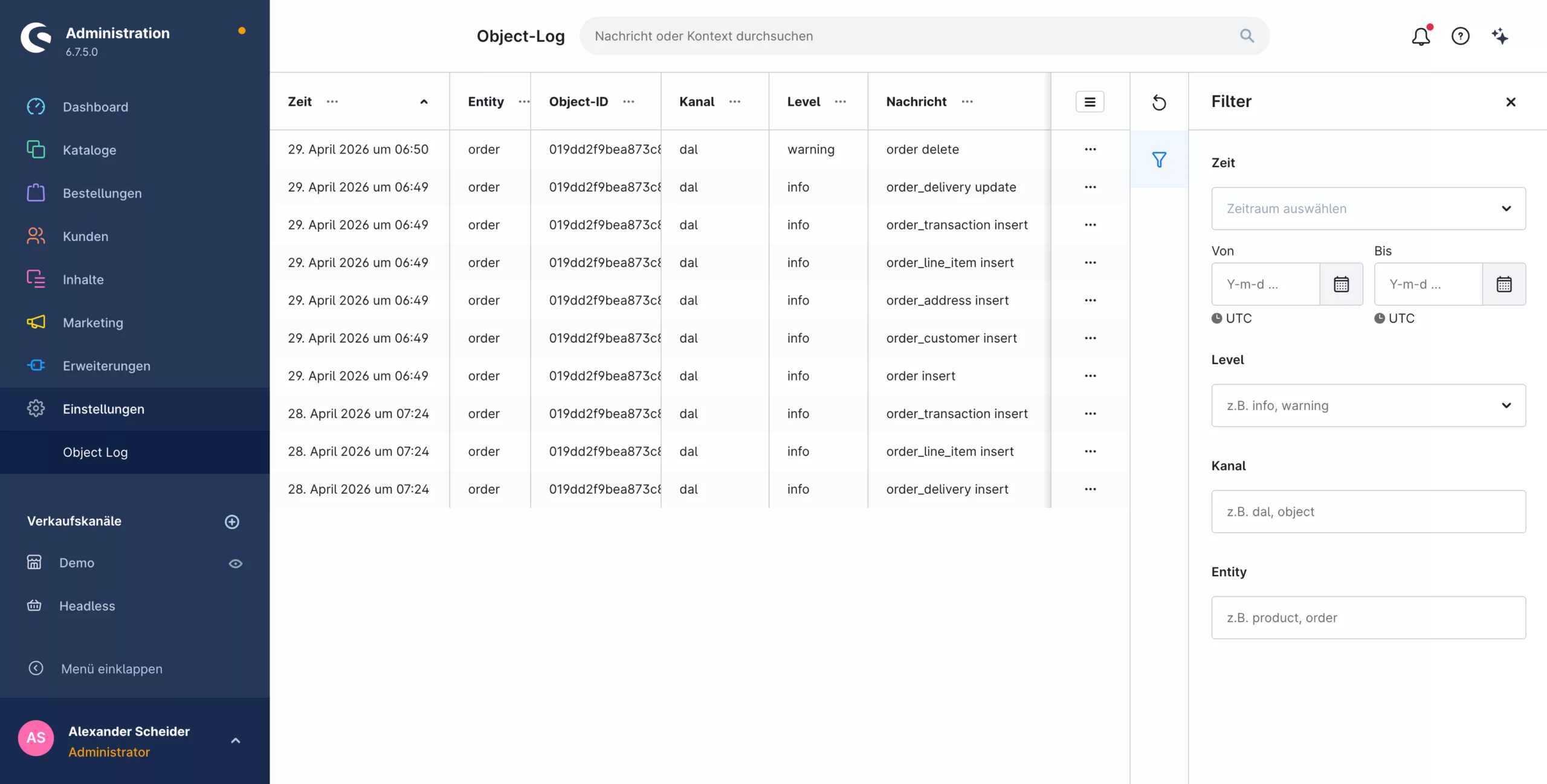 Shopware Plugin Objekt Logger